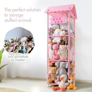 mloong Large Stuffed Animal Zoo Storage, 58" Tall Wooden Stuffed Animal Cage, Stuffed Animal Zoo Wood Soft Toy Organizer, Applicable Kids Nursery Play Room Bedroom (Pink)