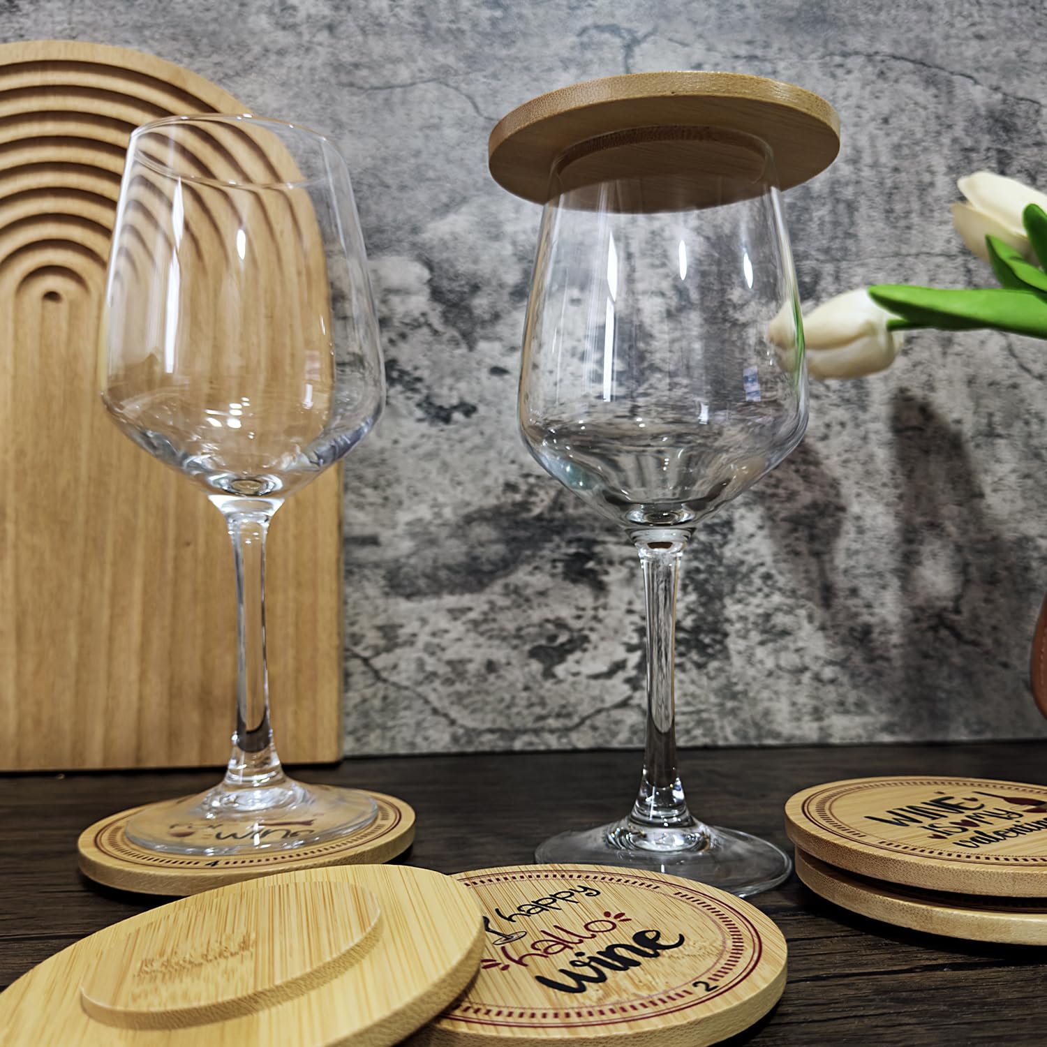 KIKINIKO 6 Pack Wine Glass Covers Funny - Fun Wooden Wine Glass Covers to Keep Bugs Out with Bamboo Toppers - Wine Accessories for Parties, Housewarming Gifts