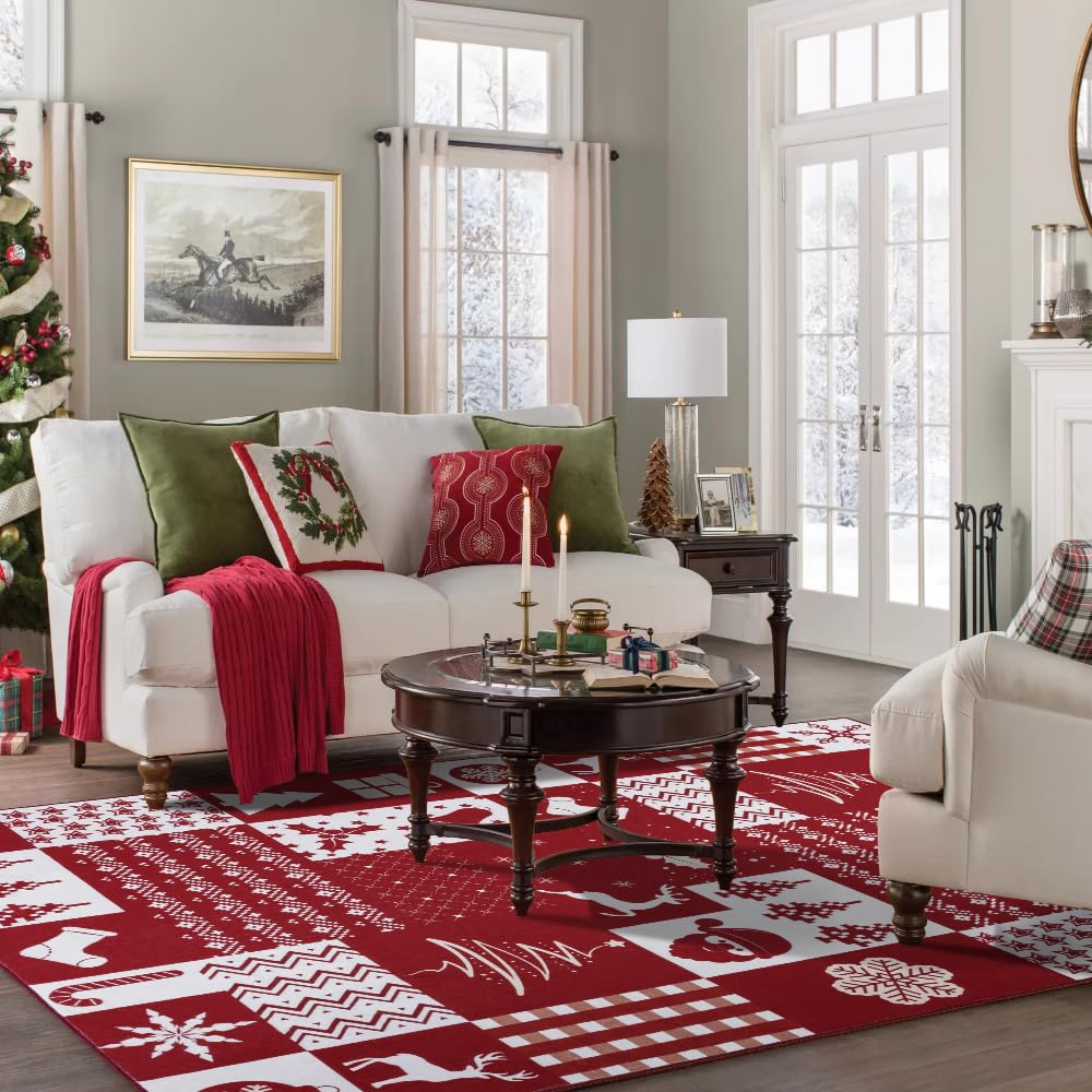 Syalife 9x12 Christmas Rug for Living Room, Bedroom, Dining Room, Large Red/White Area Rug, Indoor Festival Machine Washable Rugs, 9'x12', Patchwork Pattern