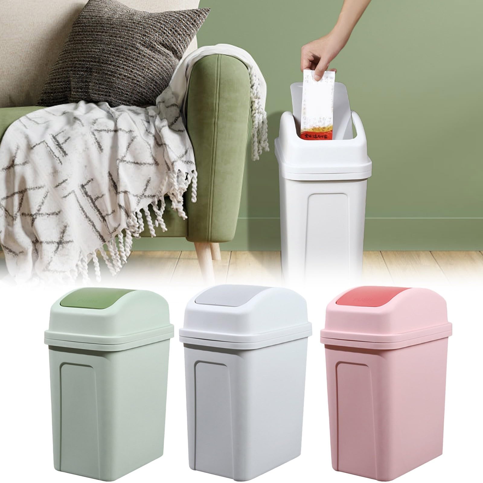 LuxeOne 13 Gallon Trash Can, Plastic Swing Top Kitchen Garbage Trash Can, Trash Can for Kitchen, Top Garbage Bin for Counter top, Coffee Area, Bathroom, Office & Home, Kitchen, 3 Colors (Green)