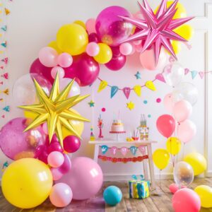 Hot Pink Yellow Balloon Arch Kit, Yellow Pink Clear Balloon Garland Kit with Large Pink Gold Star Foil Balloons, for Baby Shower Butterfly Fiesta Princess Birthday Wedding Bridal Party Decorations