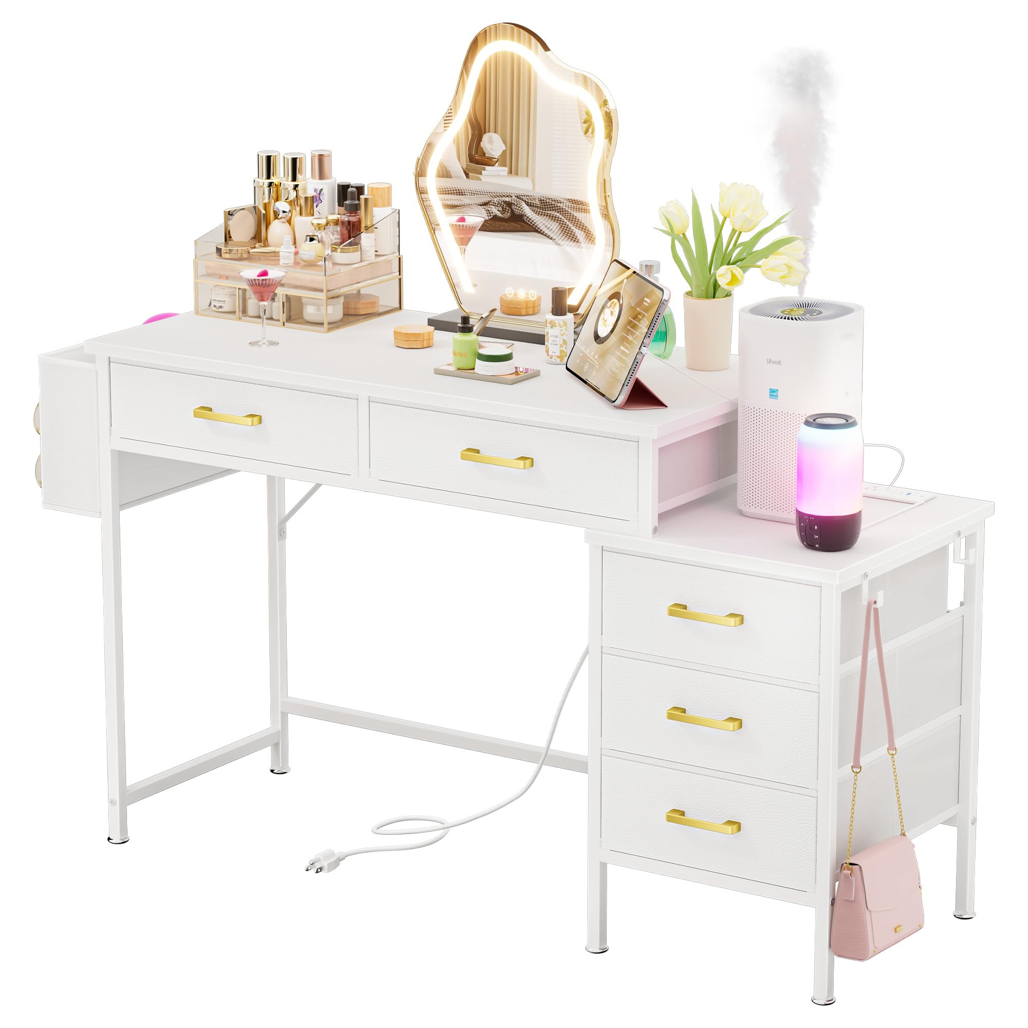 YILQQPER Vanity Desk without Mirror, Makeup Vanity with 5 Fabric Drawers, White Vanity Desk Dressing Vanity Table with Charging Station, 50 Inch Large Girl Vanity, Desk Make Up Vanity for Girls, White