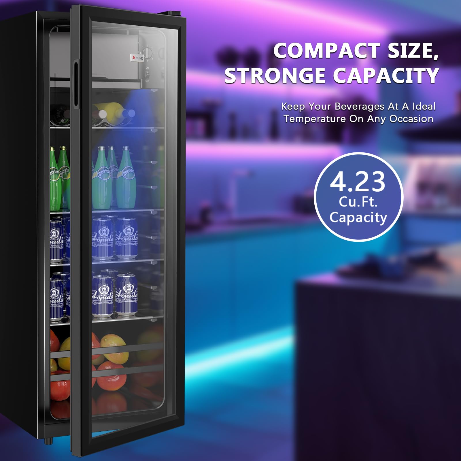 Kazigak FLB-120 Refrigerator, 4.23 Cu.Ft Beverage, Drink Fridge with Glass Door, Black