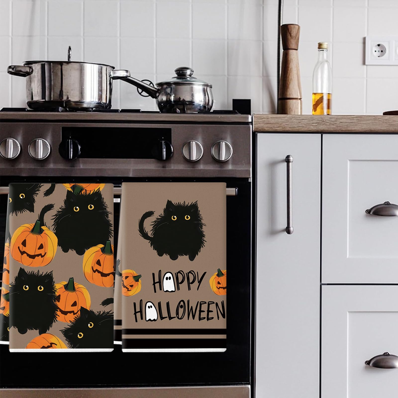 QIONG MENG Happy Halloween Kitchen Towels Set of 2 Black Cat Pumpkins Absorbent Dish Towels Hand Towel for Kitchen Decorative Cleaning Cooking 18x26 Inch