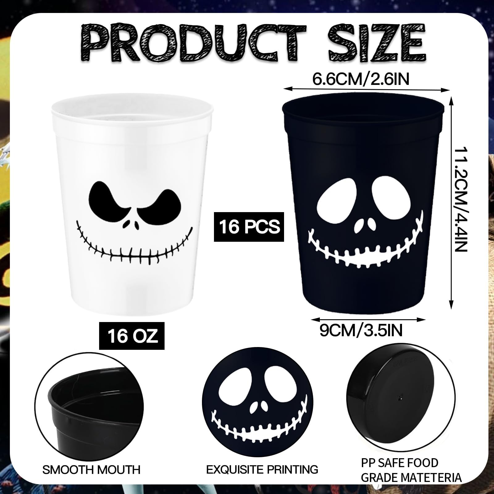 krelhia 16 PCS Christmas Nightmare Party Plastic Cups,Reusable White and Black Plastic Cups Baby Shower Camping Party Supplies for Halloween Skeleton Demon Birthday Party Decoration Supplies (16OZ)