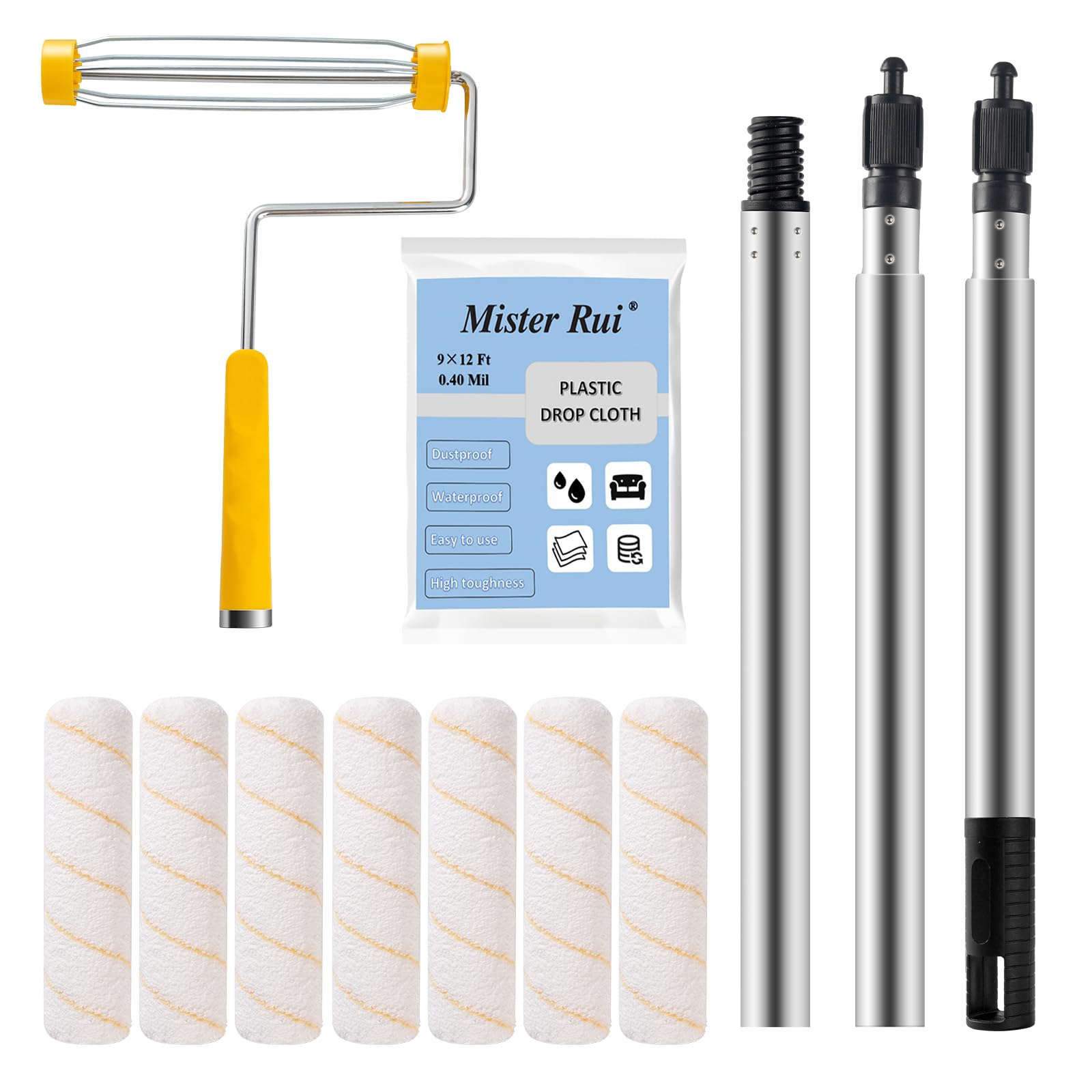 Mister Rui Paint Roller Kit, 10 Pack, 9 Inch Paint Roller Frame with Microfiber Roller Covers, Stainless Steel Extension Pole 3 Segments Total 3 Ft, Paint Supplies for Walls and Ceilings