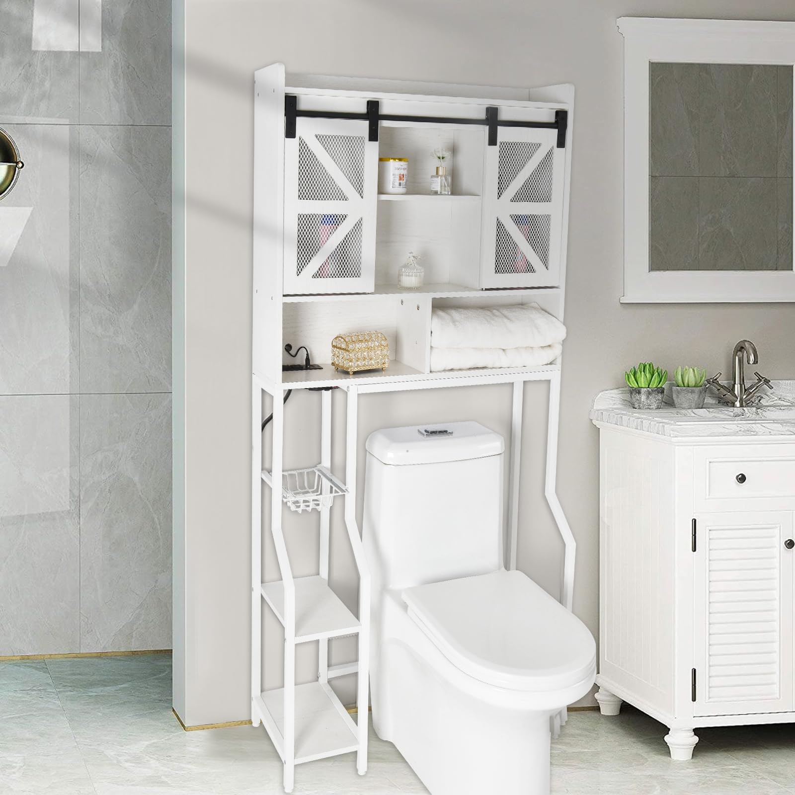 CHANFOK Over The Toilet Storage Cabinet, Storage Cabinet Over Toilet with 2 Barn Door and Toilet Paper Holder Stand,RGB Light Strip,Home Space-Saving Toilet Rack, for Bathroom, Restroom, Laundry