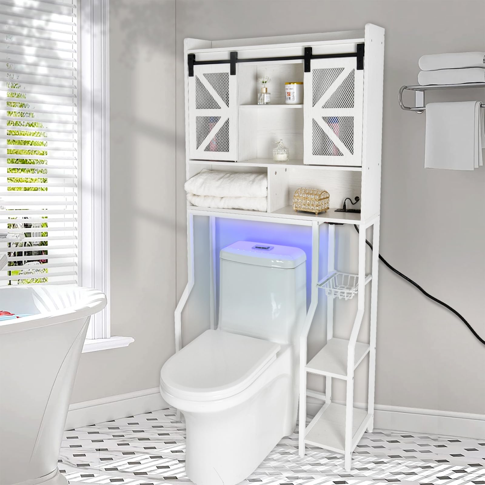 CHANFOK Over The Toilet Storage Cabinet, Storage Cabinet Over Toilet with 2 Barn Door and Toilet Paper Holder Stand,RGB Light Strip,Home Space-Saving Toilet Rack, for Bathroom, Restroom, Laundry