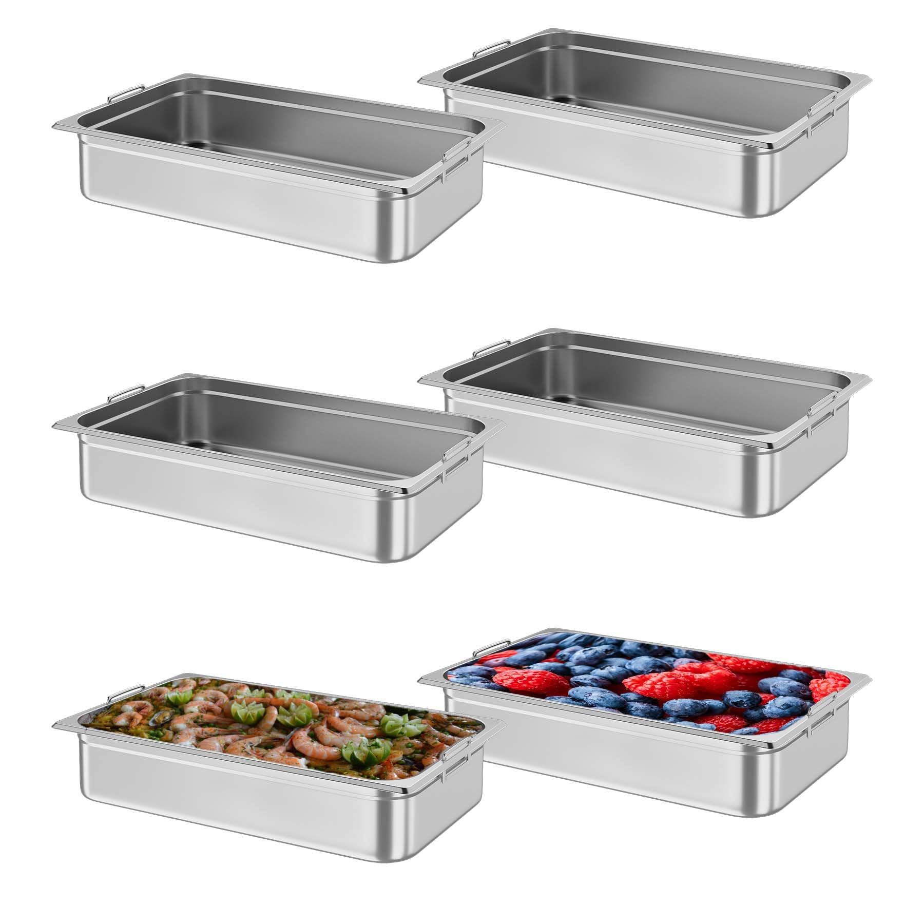 Full Size Steam Table Pans with Handle, 6-Pack 4 Inch Deep Restaurant Steam Table Pans Commercial, Anti-Jamming Hotel Pan Stainless Steel