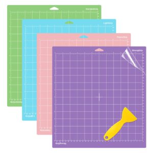 wisyok 4 pack 12x12 inch cutting mats for cricut explore air 2/air/one/maker, adhesive sticky replacement cut mats (standard, light, strong, fabric) for crafts, quilting, sewing