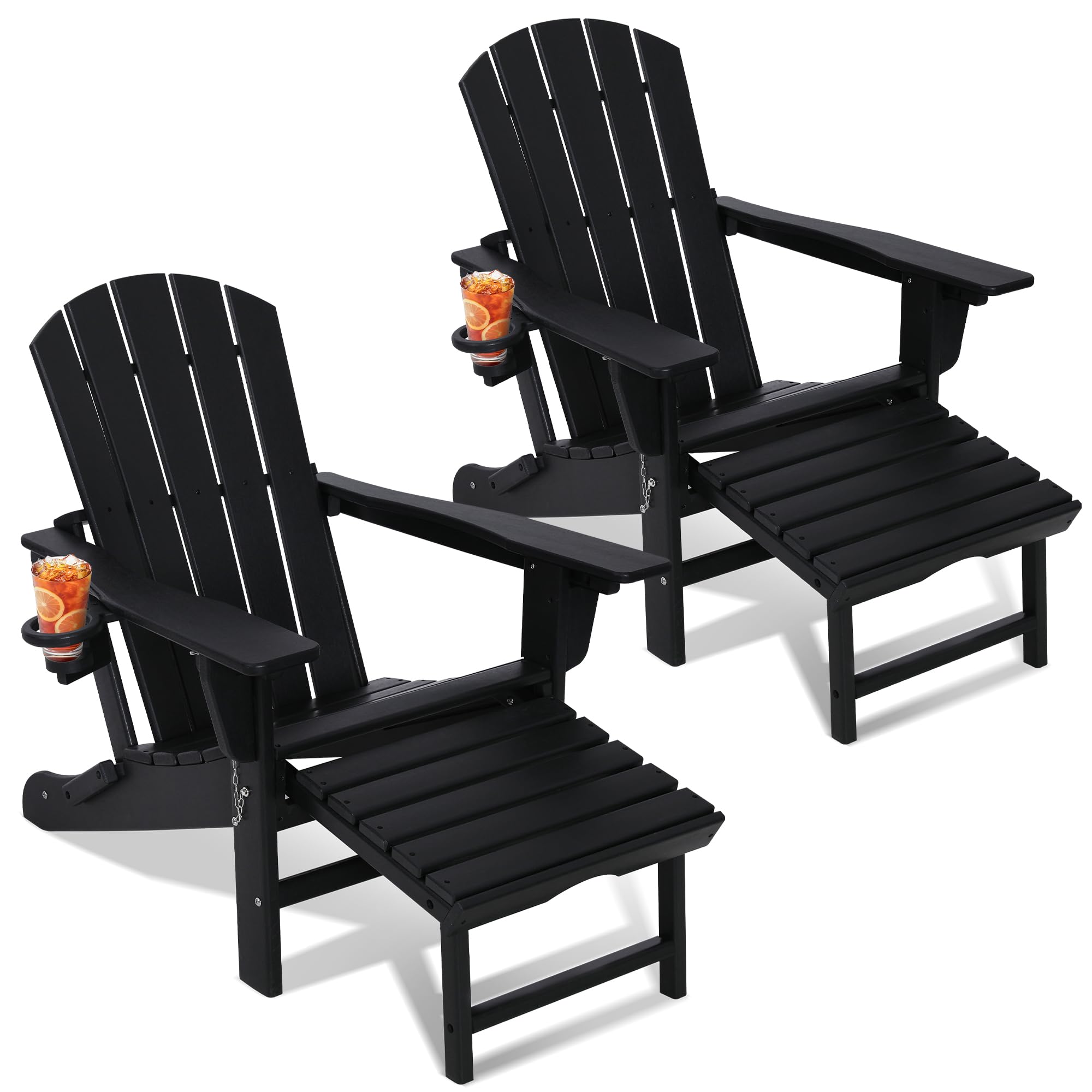 wildformers Adirondack Chair with Pull Out Retractable Ottoman,Set of 2， Adjustable Reclining Back, Folds and Collapses for Easy Carry, 100% Poly，Black