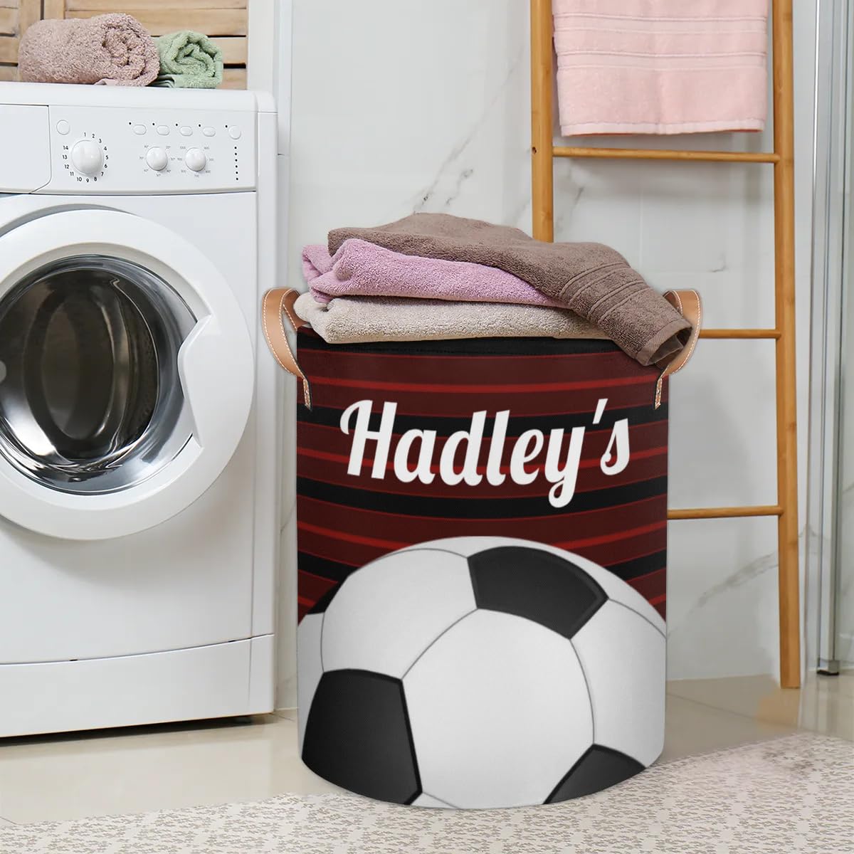 Custom Laundry Basket for Family, Personalzied Laundry Hamper with Name Waterproof Handles, Dirty Clothes Hamper with Text for Bedroom - Red Soccer