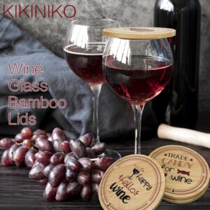 KIKINIKO 6 Pack Wine Glass Covers Funny - Fun Wooden Wine Glass Covers to Keep Bugs Out with Bamboo Toppers - Wine Accessories for Parties, Housewarming Gifts