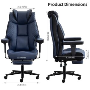 Big and Tall Office Chair 400lbs, High Back Leather Office Chair with Foot Rest, Heavy Duty Executive Office Chair Adjustable Arm Rest,Ergonomic Chair Lumbar Support with Wheels (Navy Blue)