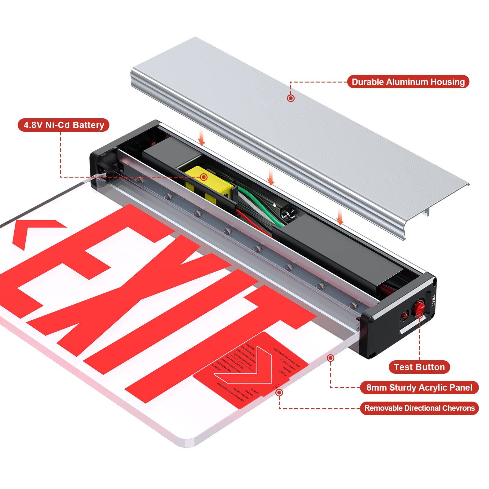 LED Edge Lit Exit Sign Aluminum Housing AC 120-347V Emergency Exit Light with Battery Backup Double Sided Acrylic Mirrored Panel Commercial Exit Signs, Top/Side/Wall Mount, UL Certified (Red, 1 Pack)