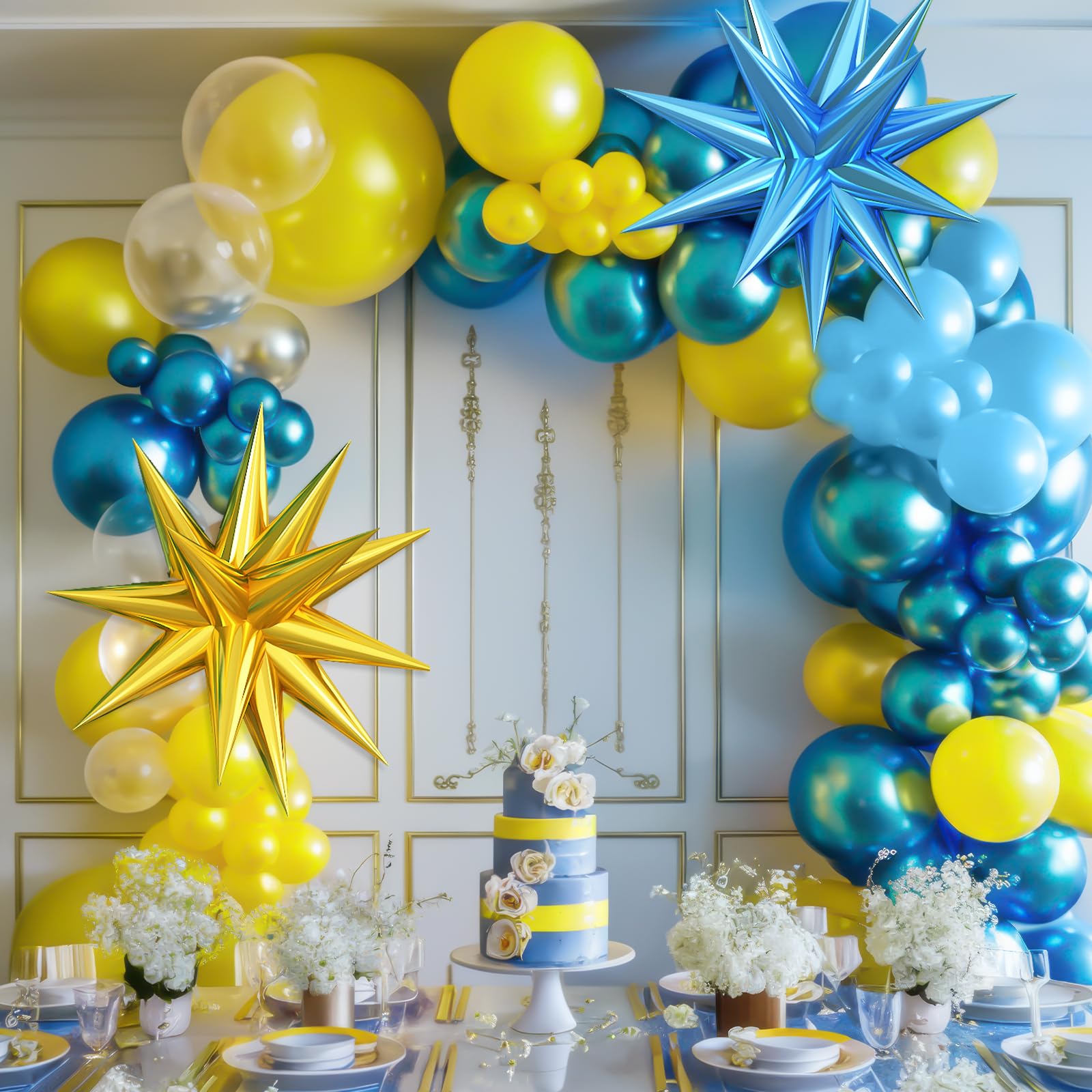 Adorely Yellow Blue Clear Balloon Arch Kit with Explosion Star Balloons, Cartoon Sponge Theme Balloons Garland Kit for Boys Girls Cartoon Sponge Birthday Baby Shower Sponge Bob Party Supplies