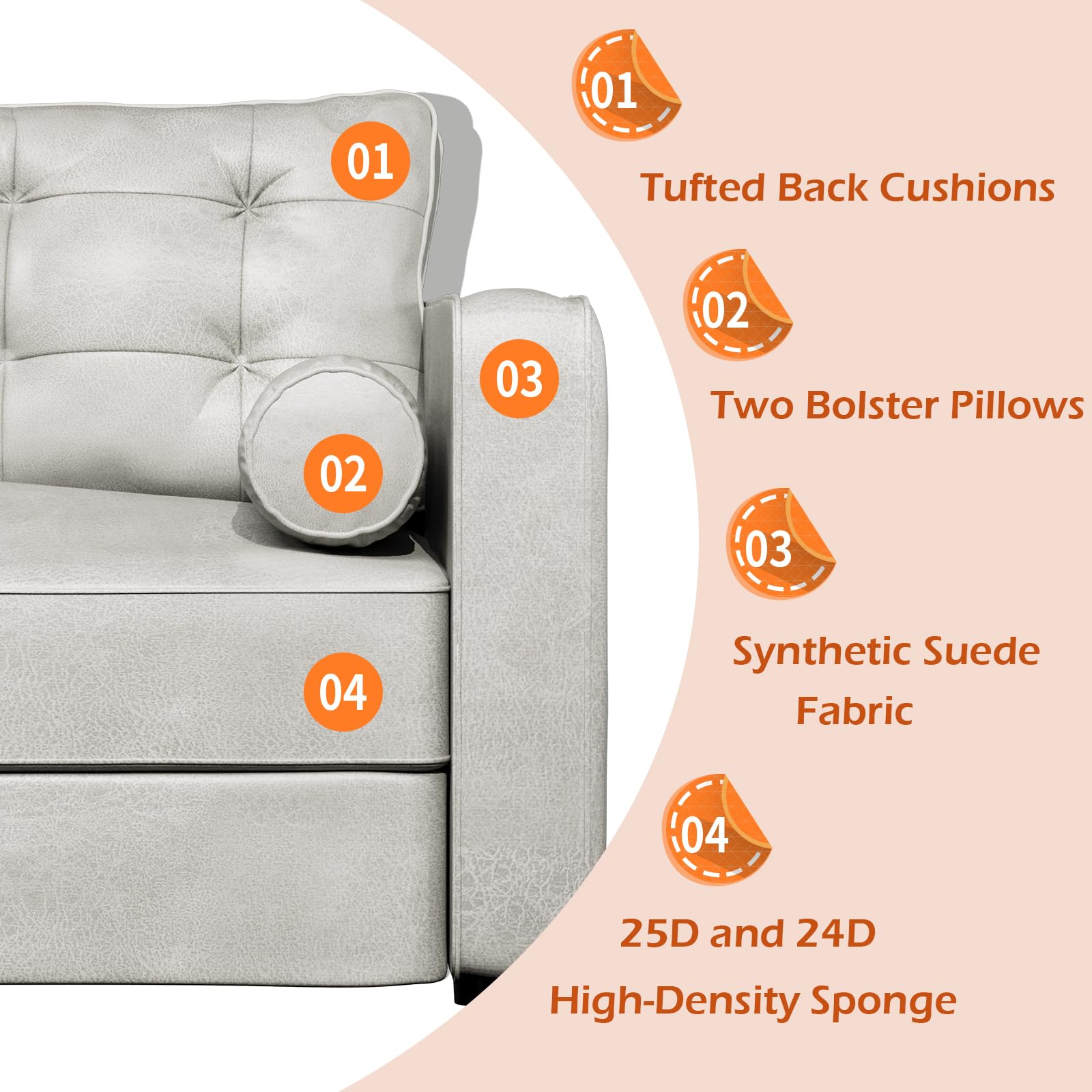 YODOLLA 84.2 Inch Faux Leather Sofa Couch with 2 Bolster, Large Mid Century Modern Couch with 2 Bolster Pillows 3 Seats Sofa Couch for Living Room, White