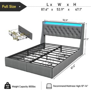 SADENICEL Full Size Bed Frame with Storage Headboard and 4 Drawer, Metal Full Bed Frame Platform with LED Light, Charging Station, No Box Spring Needed, Noise Free, Easy Assembly, Grey