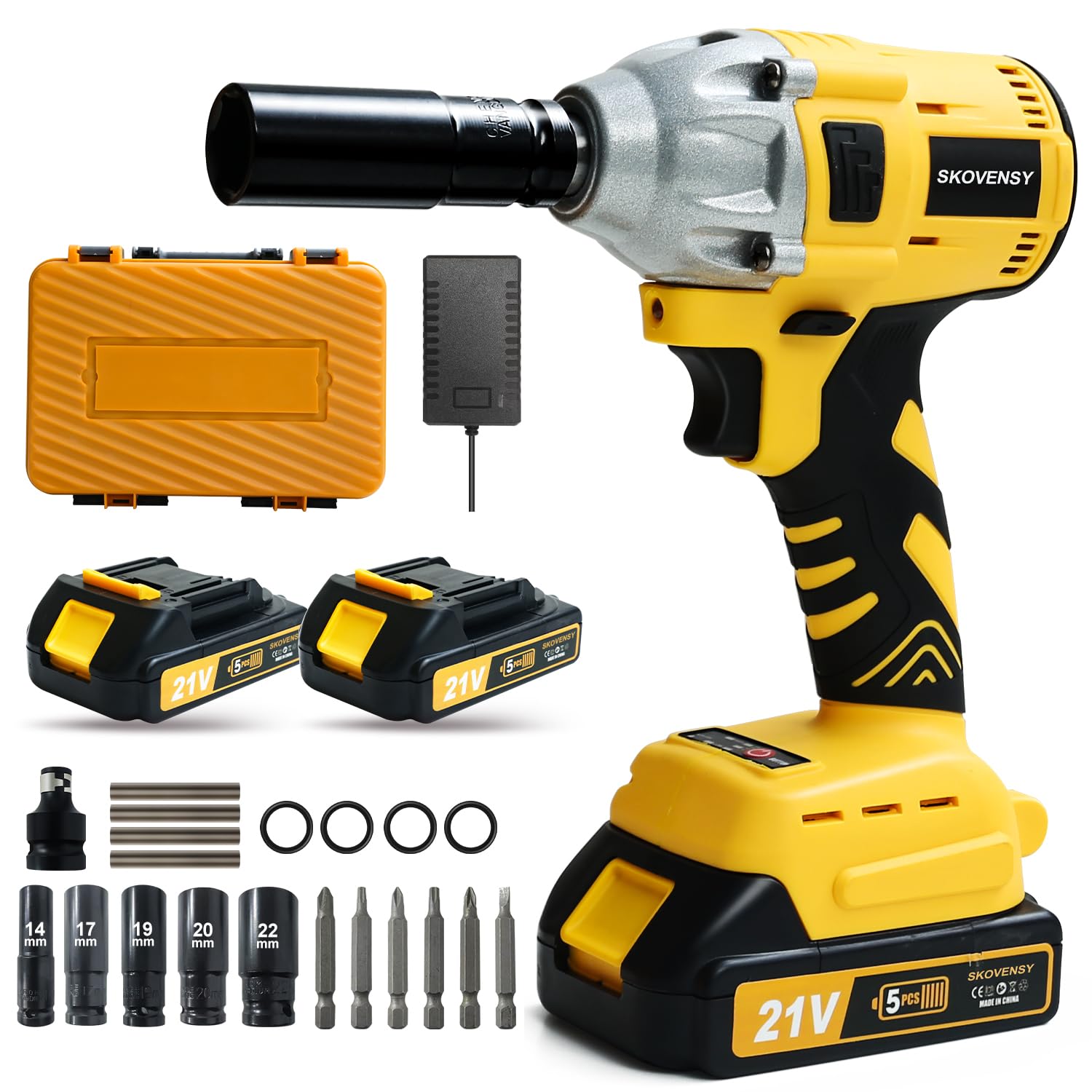 SKOVENSY Cordless Impact Wrench 258Ft-lb（350N.m）, 1/2 Impact Gun, 2 Batteries, Pistola de Impacto, with 5 Sockets, Electric Impact Driver for Car Tires and Home YELLOW