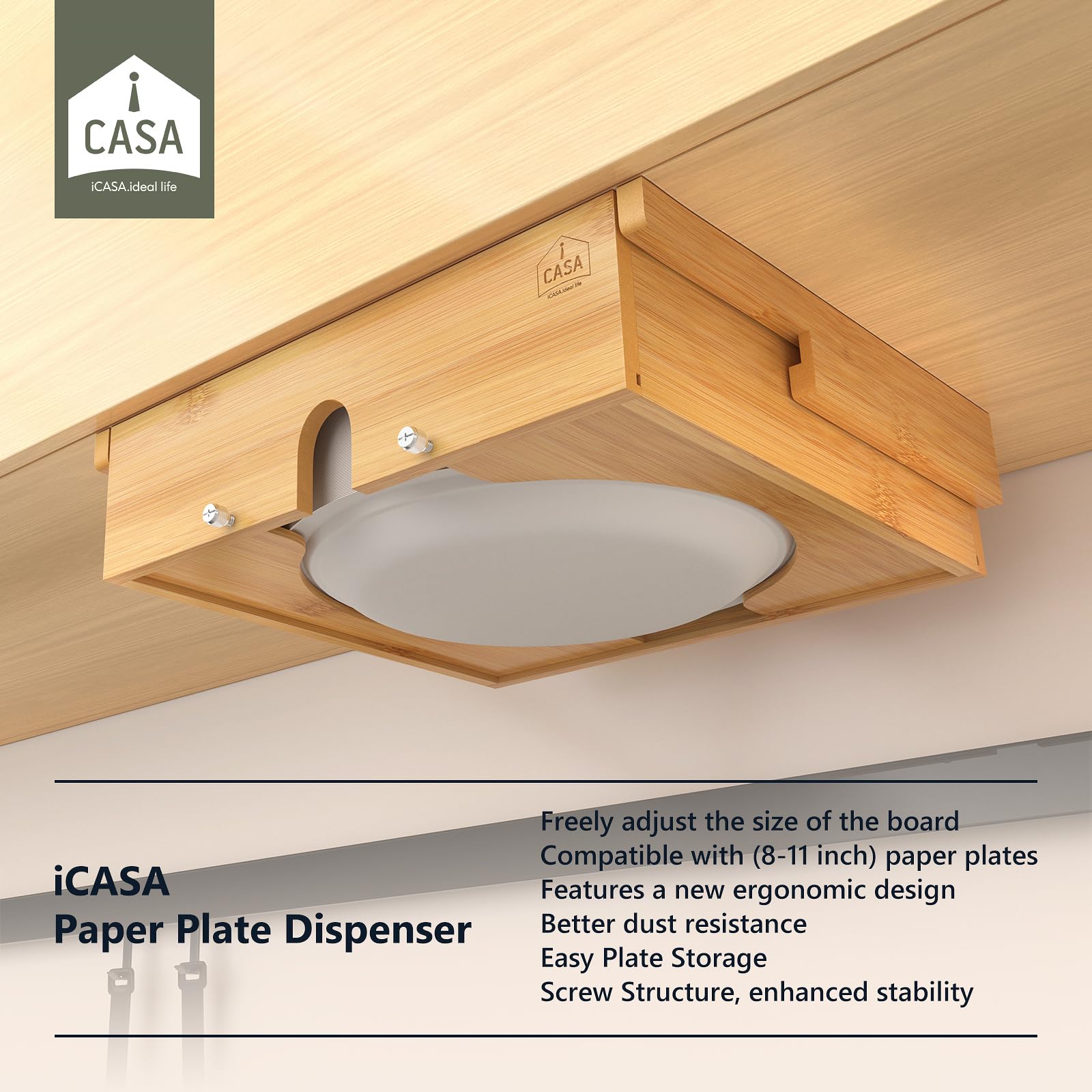 iCASA 8-11 Inch Adjustable Paper Plate Dispenser, Upgraded Wooden Under Cabinet Plate Holder, Kitchen Organizer for Round Plates