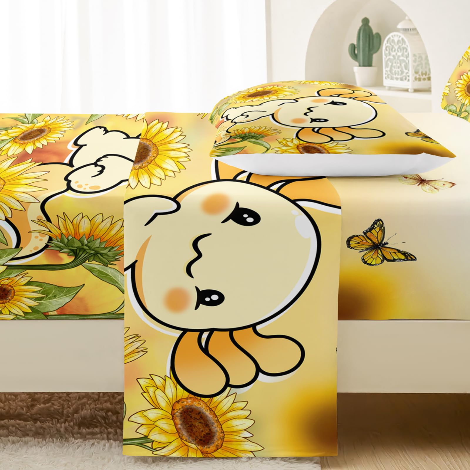 QOOMO Cartoon Axolotl Soft Microfiber Bed Sheets Sunflower Kids Sheets Set Kawaii Animal Super Soft Kids Bedding Set Breathable Room Decoration Queen Size 1 Fitted Sheet, 1 Flat Sheet, 2 Pillow Cases