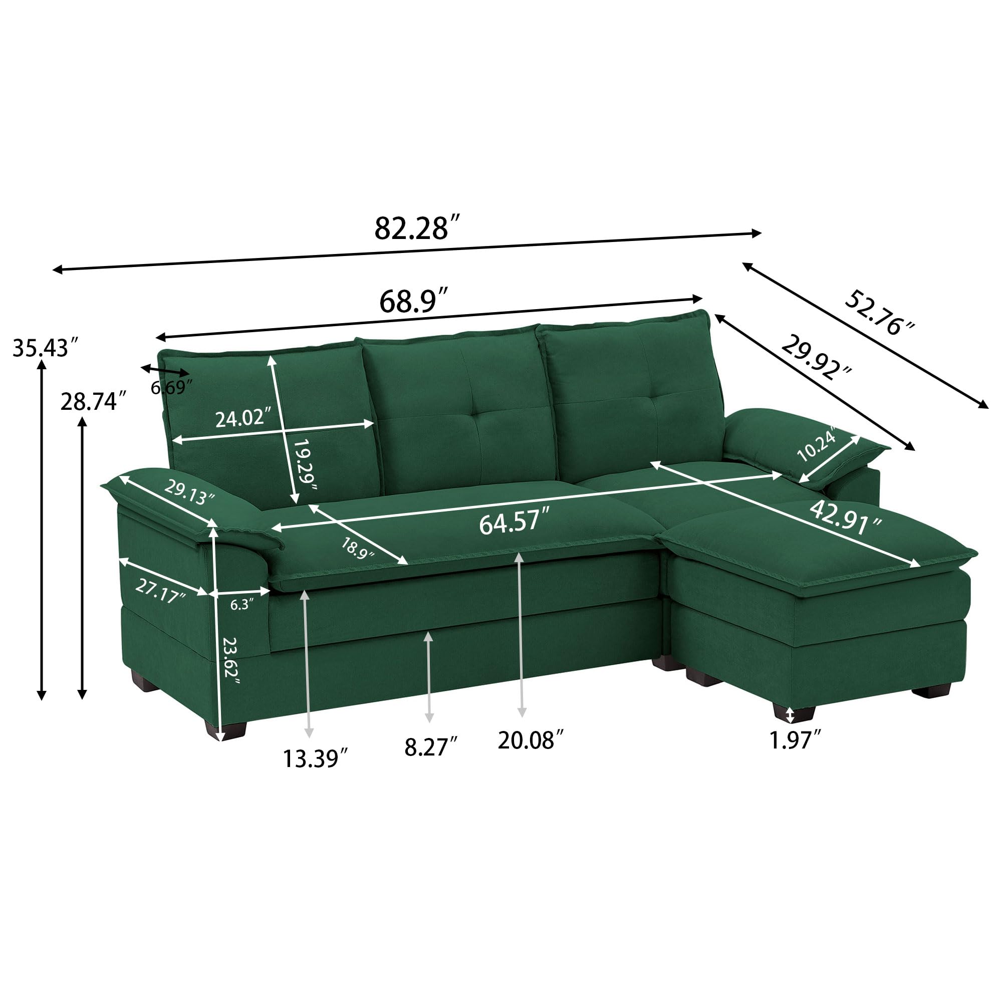 Soscana 82" Sectional Sofa, L Shaped 3 Seater Cloud Couch with 2-Layer Seat Cusions Movable Ottoman Polyster Fabre Sofa&Couch for Living Room Small Spaces, Green