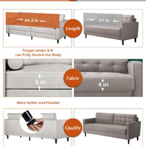 YODOLLA 84.2 Inch Faux Leather Sofa Couch with 2 Bolster, Large Mid Century Modern Couch with 2 Bolster Pillows 3 Seats Sofa Couch for Living Room, White