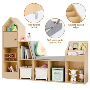 Vabches Kids Reading Nook with Bench - Bookshelf & Bookcase with Seat Cushion, 7 Open Storage Cubbies, 3-Tier File Organizers, Toy Storage Box & Chest for School, Playroom, Bedroom.