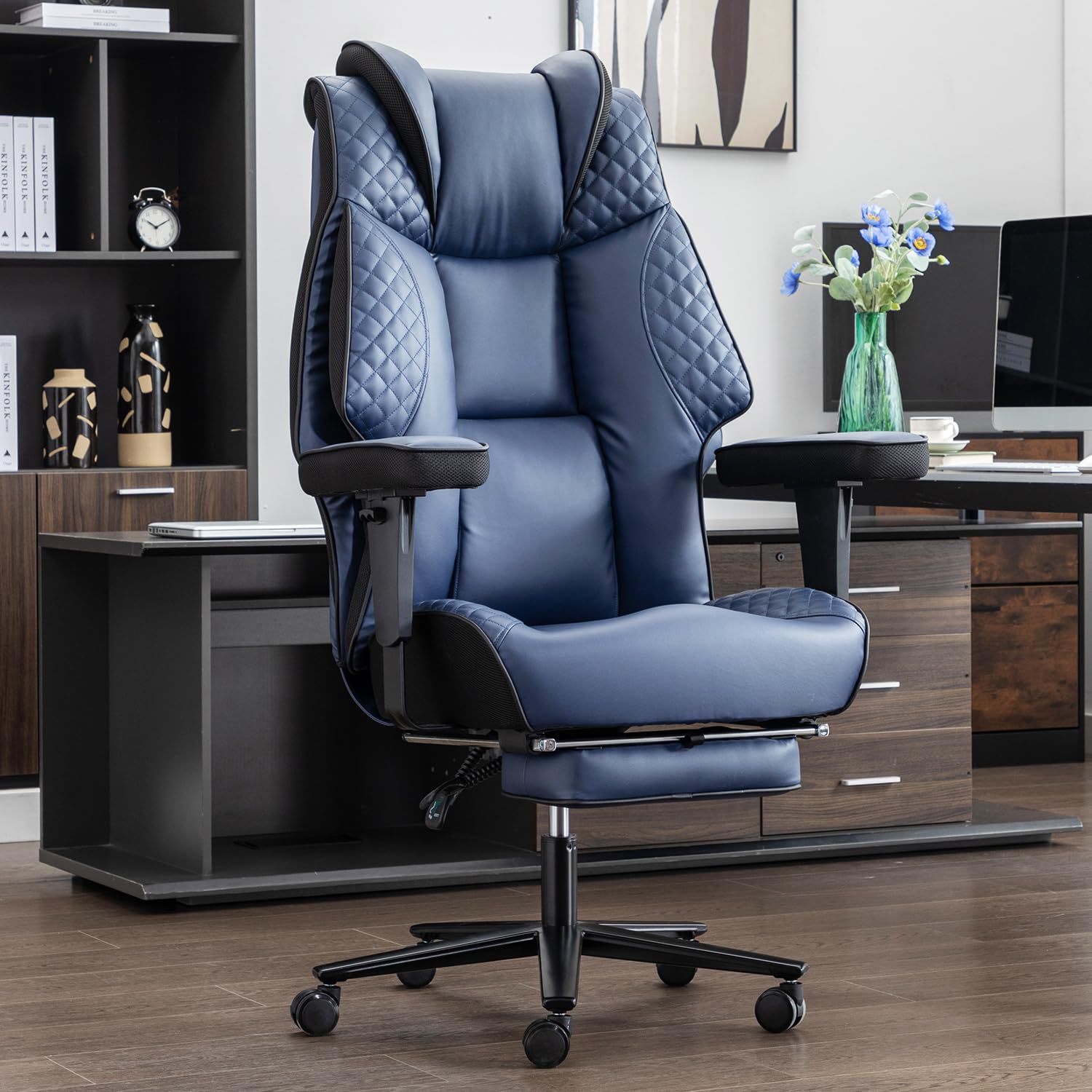 Big and Tall Office Chair 400lbs, High Back Leather Office Chair with Foot Rest, Heavy Duty Executive Office Chair Adjustable Arm Rest,Ergonomic Chair Lumbar Support with Wheels (Navy Blue)