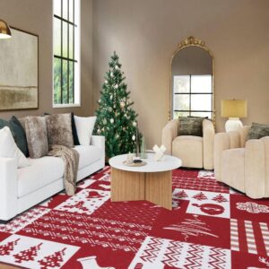 Syalife 9x12 Christmas Rug for Living Room, Bedroom, Dining Room, Large Red/White Area Rug, Indoor Festival Machine Washable Rugs, 9'x12', Patchwork Pattern