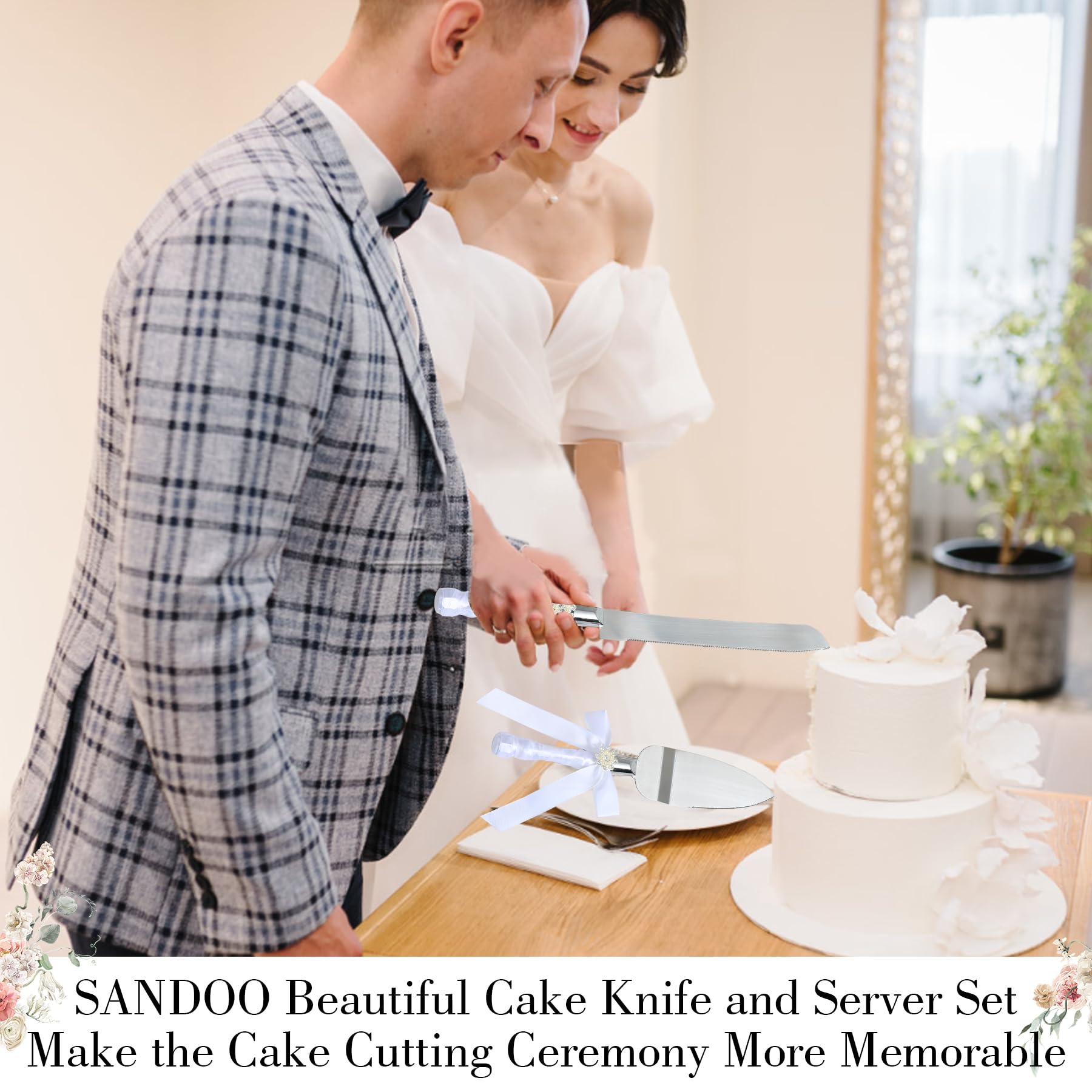 SANDOO Rustic Wedding Cake Knife and Server Set with Pearl Bowknot Decor - Cake Cutting Set for Wedding,Wedding Knife Set for Bride And Groom, Knife and Cake Server Set Cake Cutter for Wedding