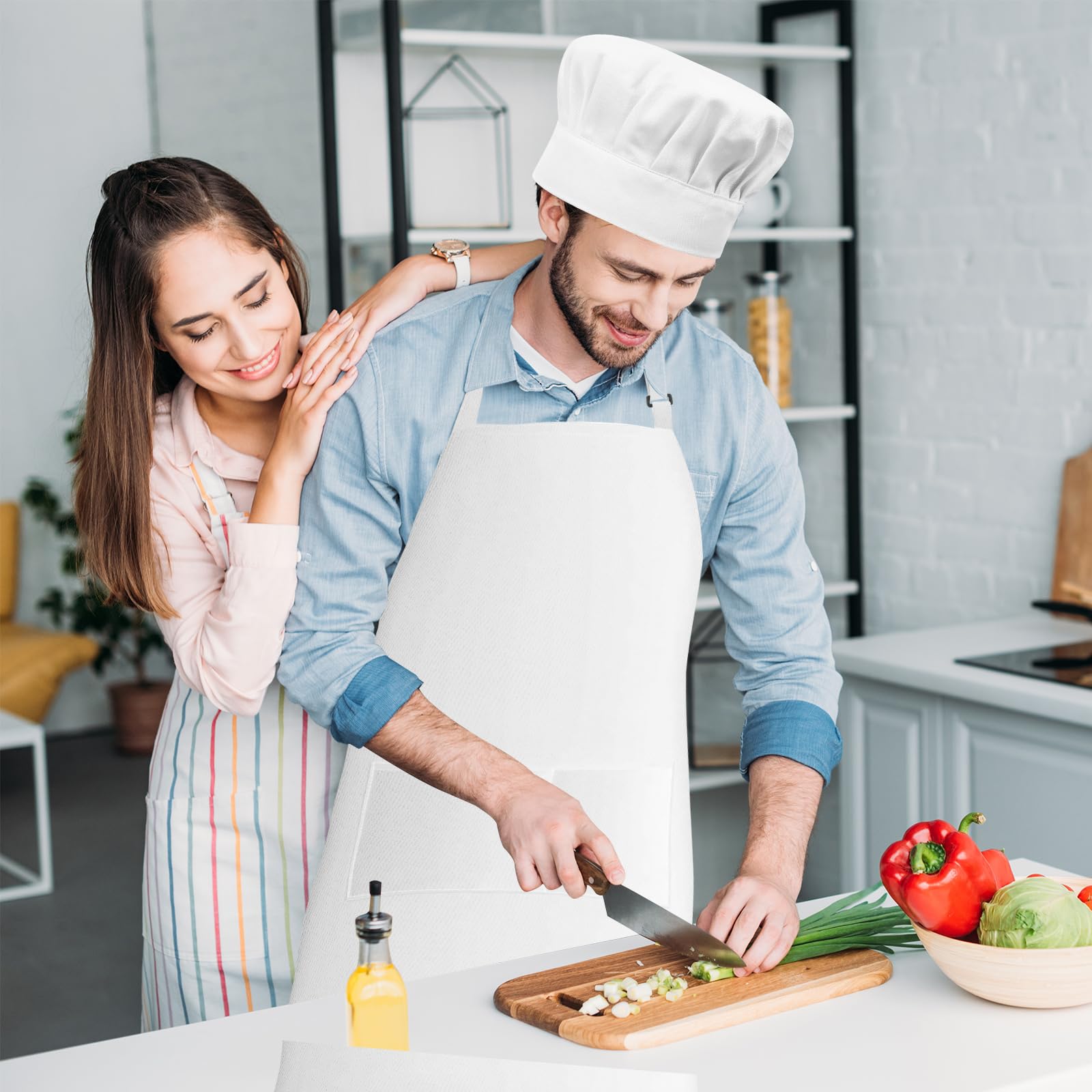 White Chef Apron and Hat Set, Chef Hat and Kitchen Apron with Front Pockets for Adult, Adjustable Apron Baker Costume for Cooking, Baking, Grilling, Restaurant, Men Women Halloween Cosplay Accessories