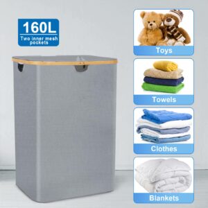 RICOJYCX 160L Double Laundry Hamper with lid, 2 section Extra Large Bamboo Laundry Hamper, Dirty Clothes Hamper with Removable Bags for Laundry Room, Bedroom, Bathroom, Dorm, Living Room, Grey