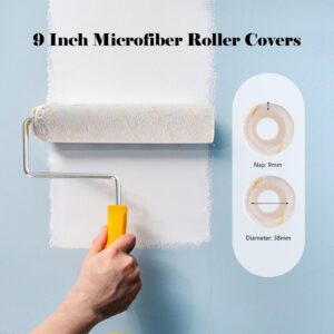 Mister Rui Paint Roller Kit, 10 Pack, 9 Inch Paint Roller Frame with Microfiber Roller Covers, Stainless Steel Extension Pole 3 Segments Total 3 Ft, Paint Supplies for Walls and Ceilings