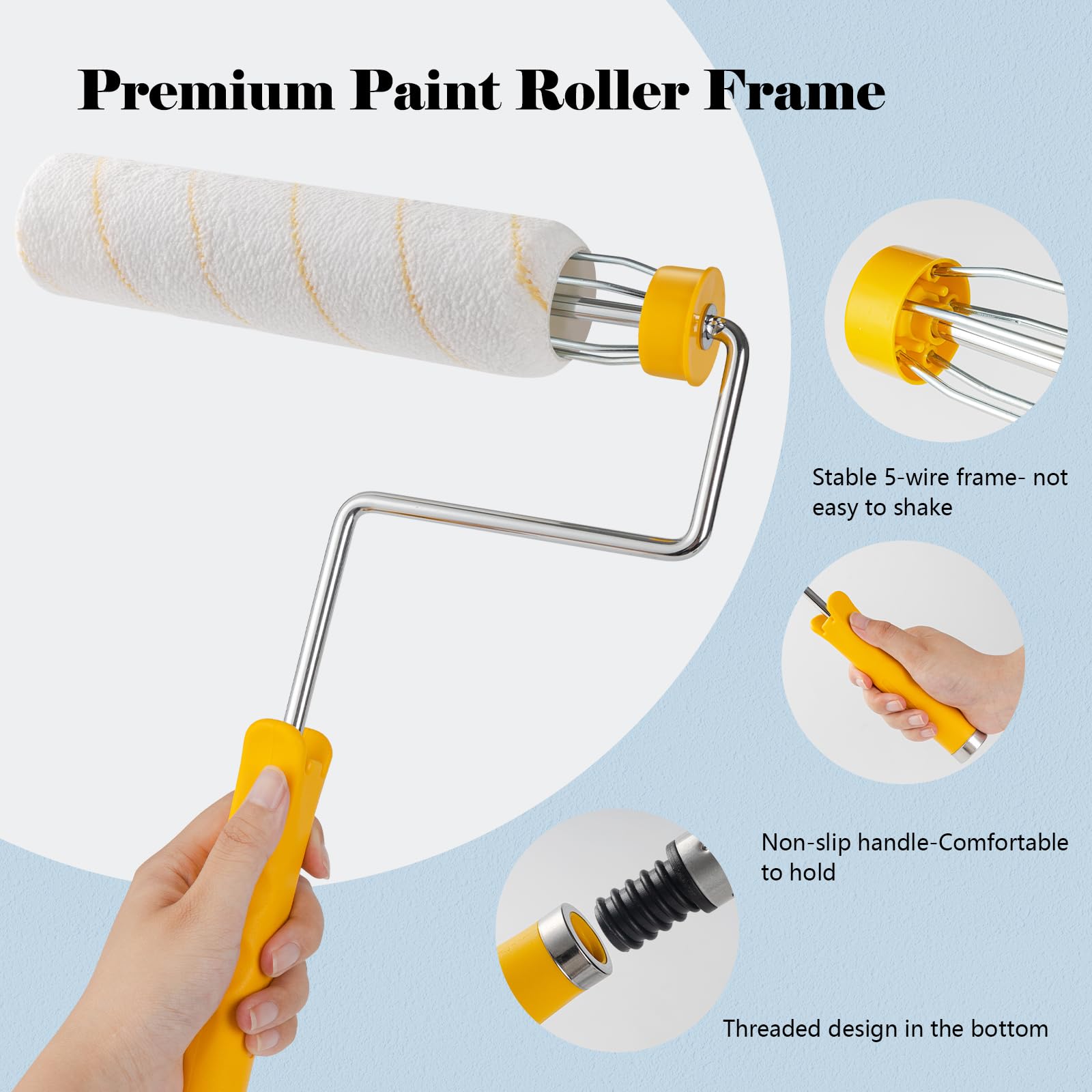 Mister Rui Paint Roller Kit, 10 Pack, 9 Inch Paint Roller Frame with Microfiber Roller Covers, Stainless Steel Extension Pole 3 Segments Total 3 Ft, Paint Supplies for Walls and Ceilings