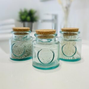 DESIGNED BY VSM, Small Apothecary Jars With Cork Lids, Made Of 100% Recycled Glass | Bathroom Decor Aesthetic, Cotton Ball Holder, Qtip Holder, Bath Salt Container, Vanity Decor, 3pack, Made in Spain.