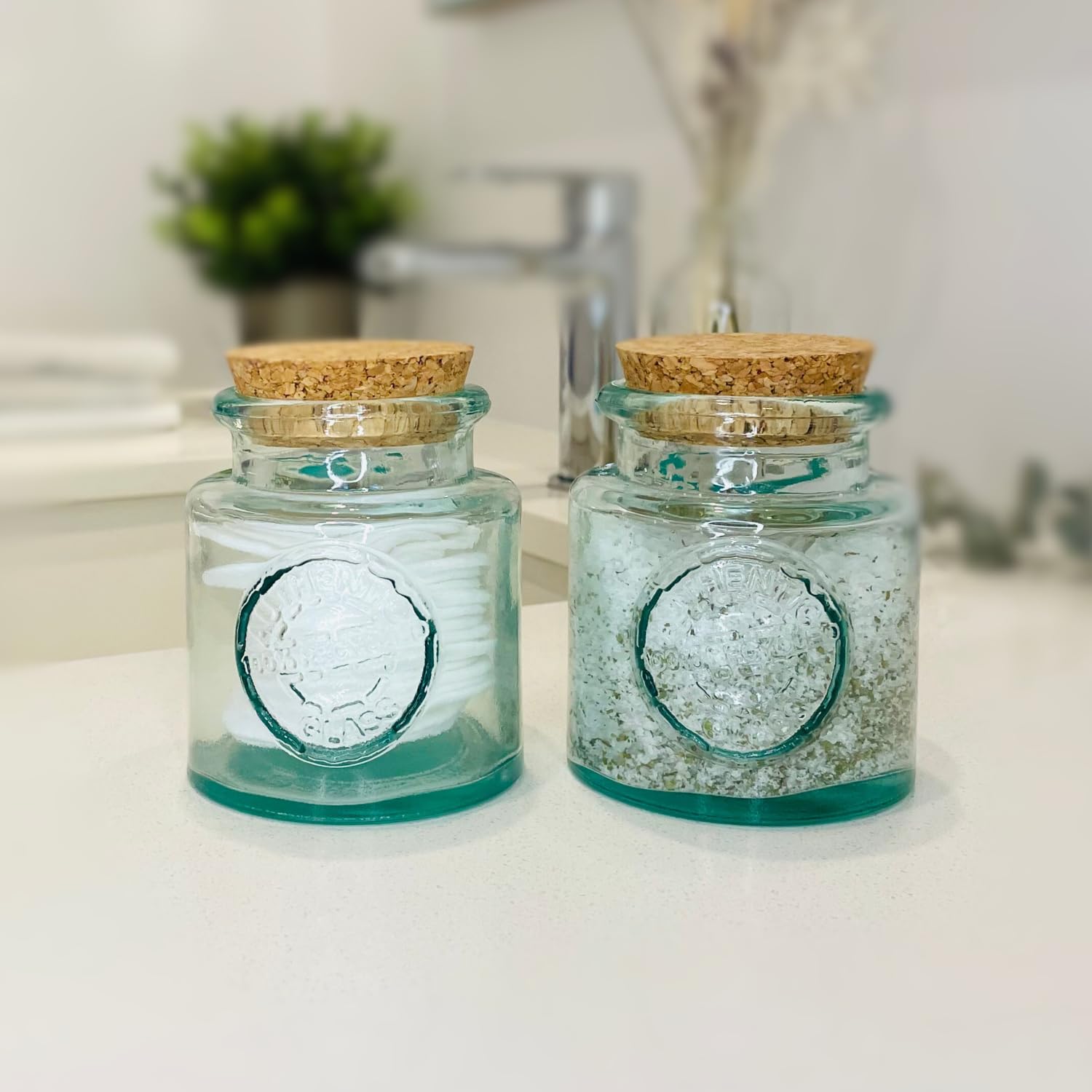 DESIGNED BY VSM, Small Apothecary Jars With Cork Lids, Made Of 100% Recycled Glass | Bathroom Decor Aesthetic, Cotton Ball Holder, Qtip Holder, Bath Salt Container, Vanity Decor, 3pack, Made in Spain.