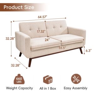 Tbfit Loveseat Sofa, 65" W Mid Century Modern Love Seat Couches for Living Room, Button Tufted Upholstered Small Sofa Couch for Bedroom, Oatmeal