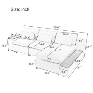 L-Shaped Modular Sectional Sofa with Removable Back Cushions, 3 Pillows and 2 Storage Spaces, Suitable for Living Rooms, Offices Apartments