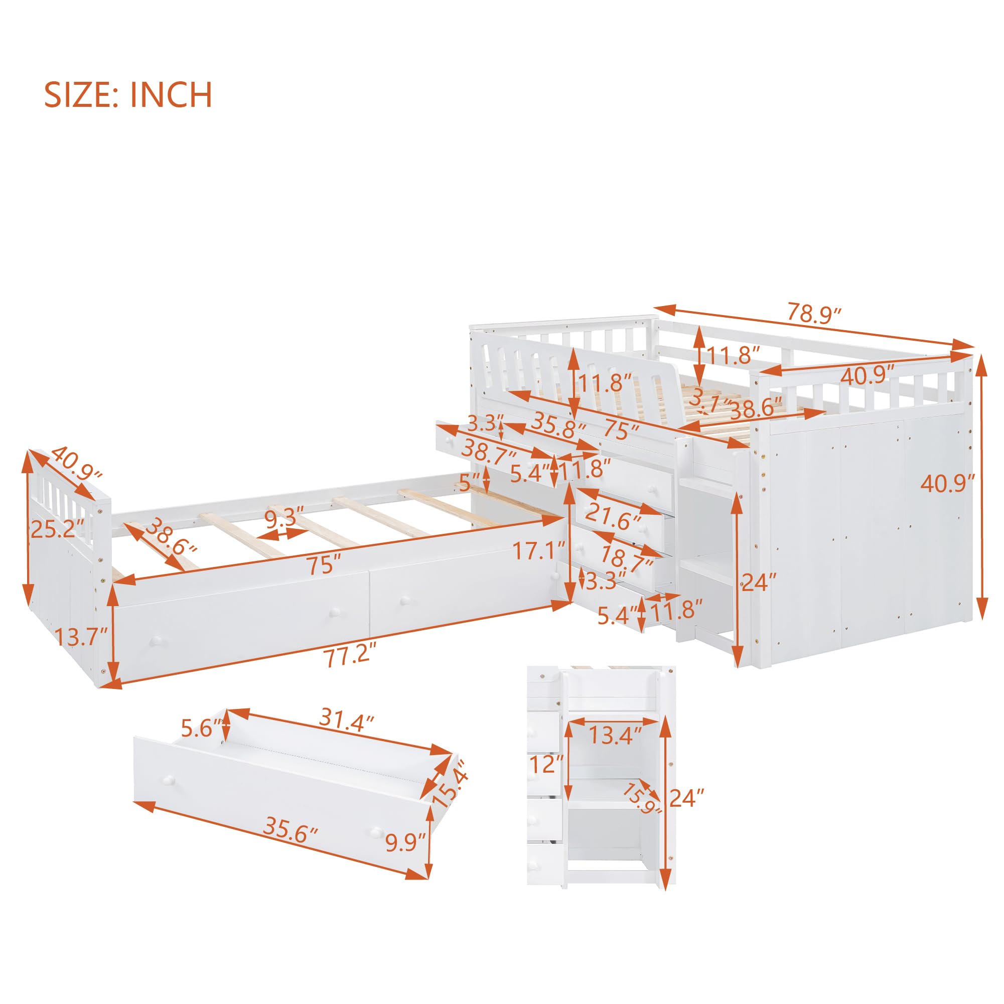 Merax L-Shaped Space-Saving Twin Loft and Platform Bed with 7 Drawers and Full Guardrails, Wooden Bedframe for Boys Girls Adult, No Spring Box Needed, White