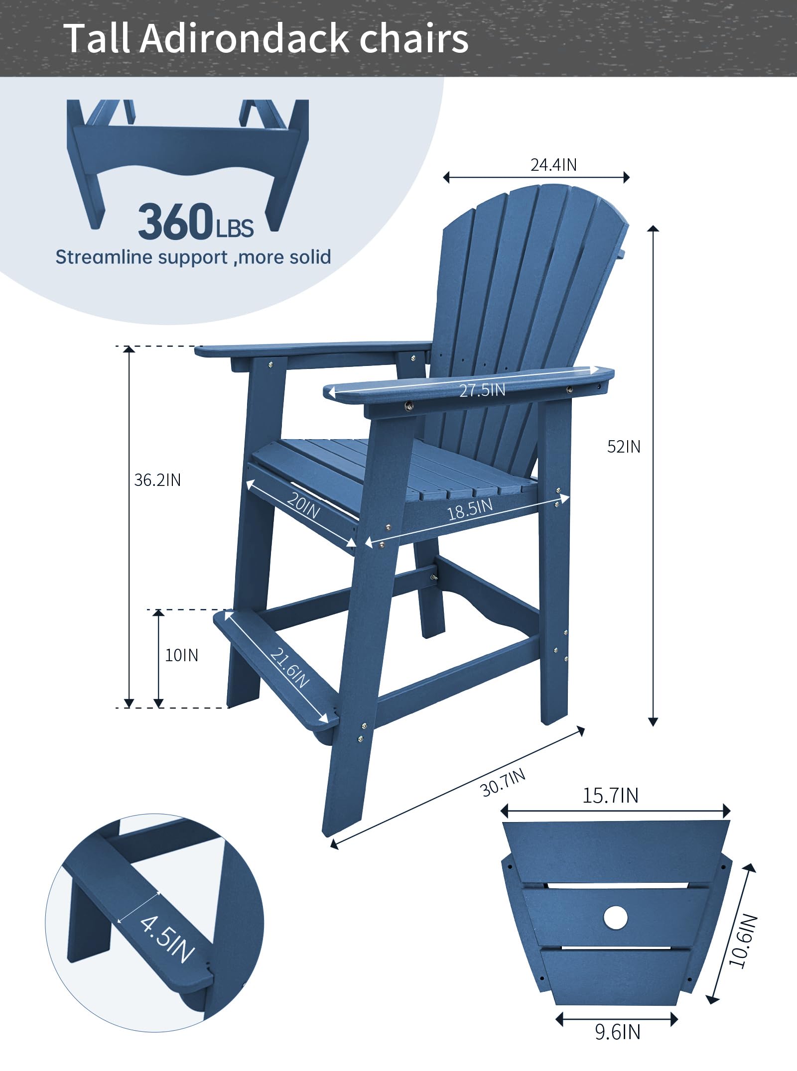 Aoorun 51.9''Poly Patio Chairs bar Height，high Outdoor Chairs Table hdpe, Tall Adirondack Set for 2 (30.7" D x 27.9" W) - Navy Blue