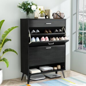 lamerge shoe storage cabinet for entryway, free standing shoe organizer with 2 flip drawers，hidden shoe rack storage organizer for doorway hallway, black