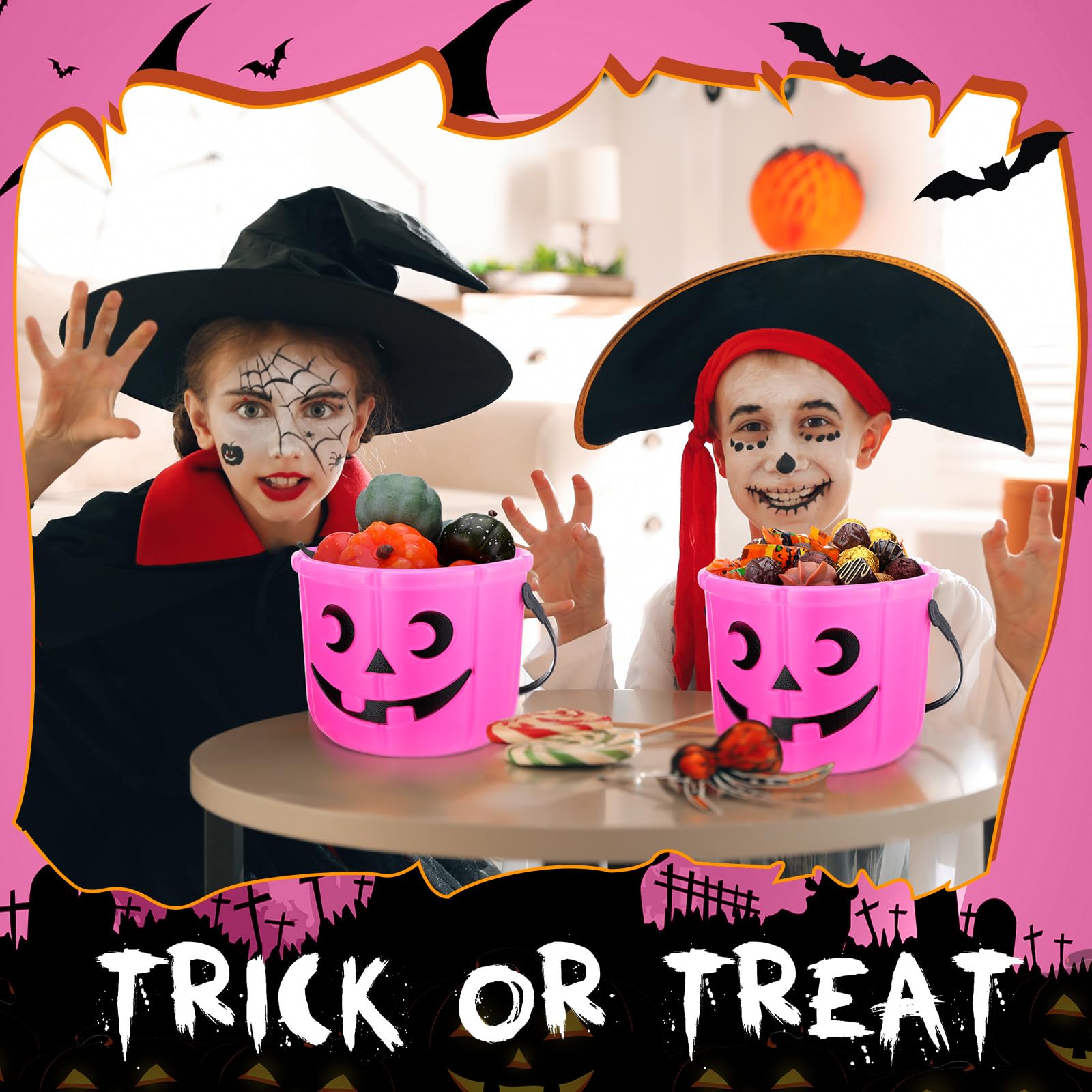 Jenaai 4 Halloween Trick or Treat Buckets Halloween Pumpkin Buckets Halloween Party Favors Pumpkin Face Candy Basket Plastic Pail Candy Bowl Holder with Handle or Party Decoration (Pink)