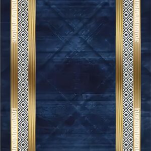 USHIRUG Premium Indoor Area Rug, 3x4ft, Contemporary Simple Geometric and Gold Border Design Navy Blue Rug, Non-Slip Non-Shedding Rug, Comfortable and Casual Living Room Bedroom Soft Rug