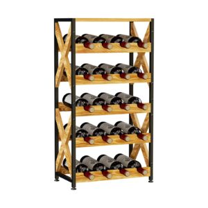 LUMAMU 20 Bottle Wine Rack Freestanding Floor with Wood Top,Wobble-Free 5 Tier Wine Display Storage Stand Shelf,Stackable Modular Wine Bottle Holder Rack for Kitchen,Cellar,Living Room