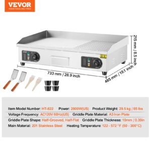 VEVOR Commercial Electric Griddle, 2800W Countertop Half-Flat Top Grill, 29in Stainless Steel Griddle Grill with 2 Shovels and 2 Brushes for Home or Restaurant, 122℉-572℉ Adjustable Temp