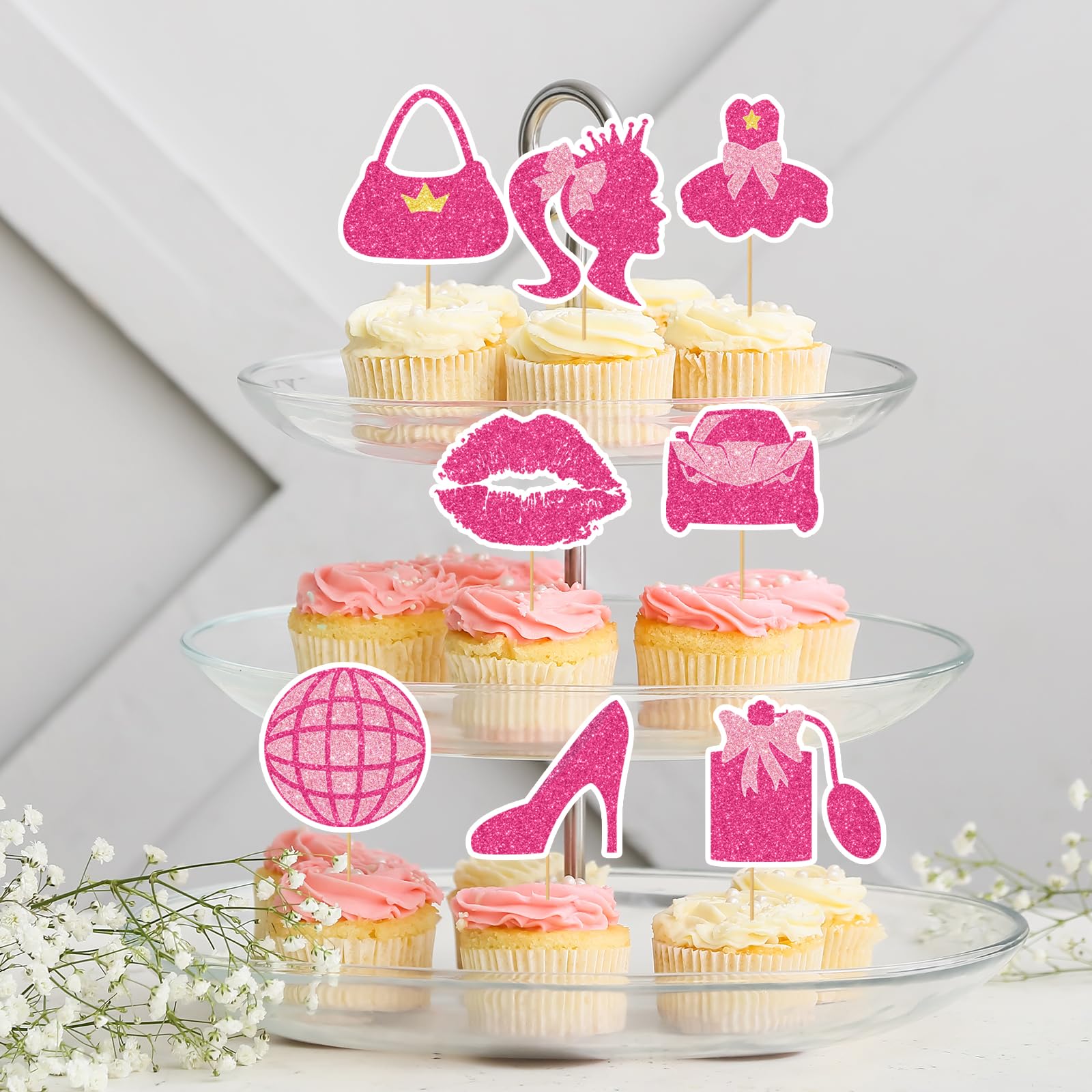 Hot Pink Girl Cupcake Toppers - 24PCS Glitter Hot Pink Princess Cupcake Toppers Picks Handbag Lip High Heel Cake Decoration Princess Birthday Bachelorette Party Supplies Bridal Shower