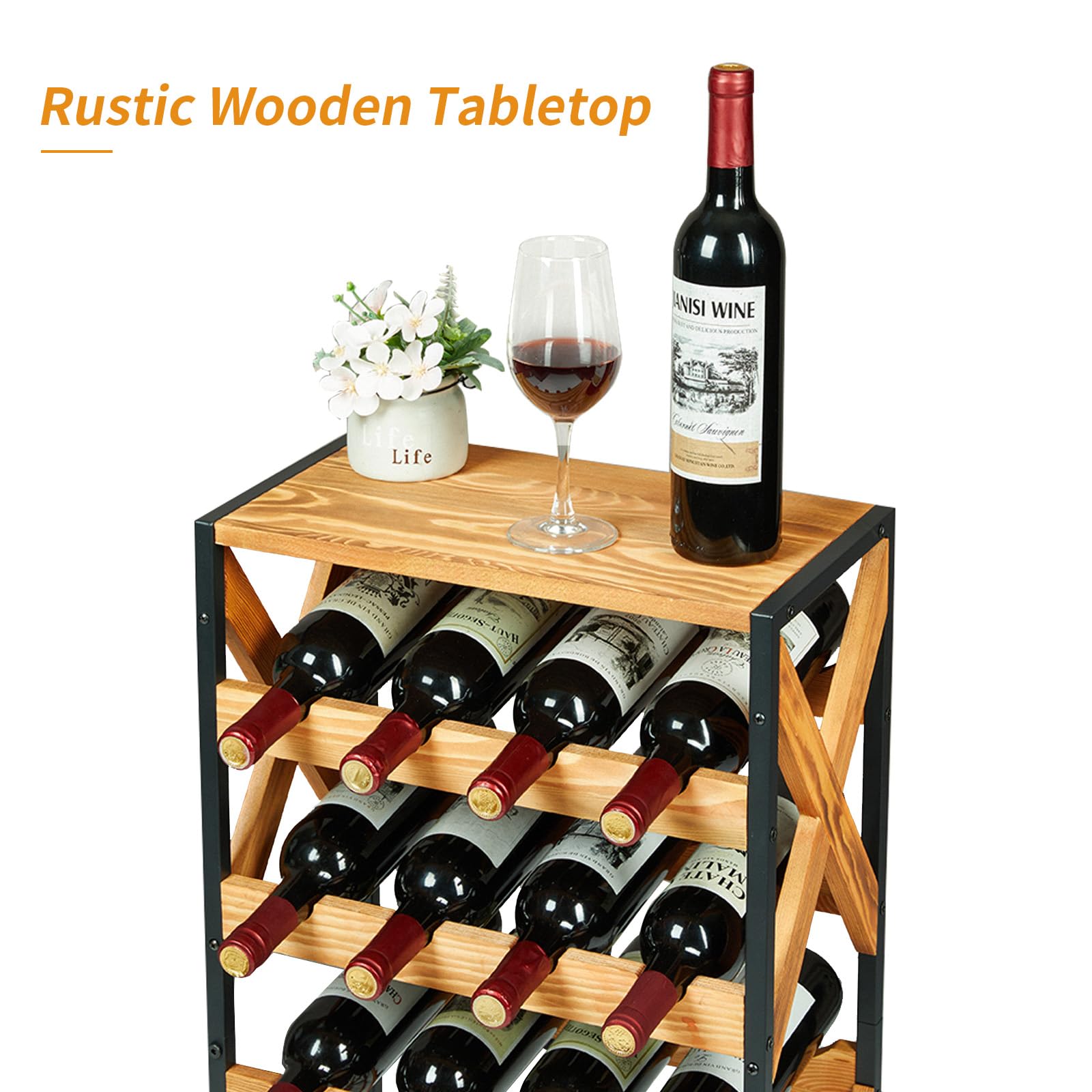 LUMAMU 20 Bottle Wine Rack Freestanding Floor with Wood Top,Wobble-Free 5 Tier Wine Display Storage Stand Shelf,Stackable Modular Wine Bottle Holder Rack for Kitchen,Cellar,Living Room