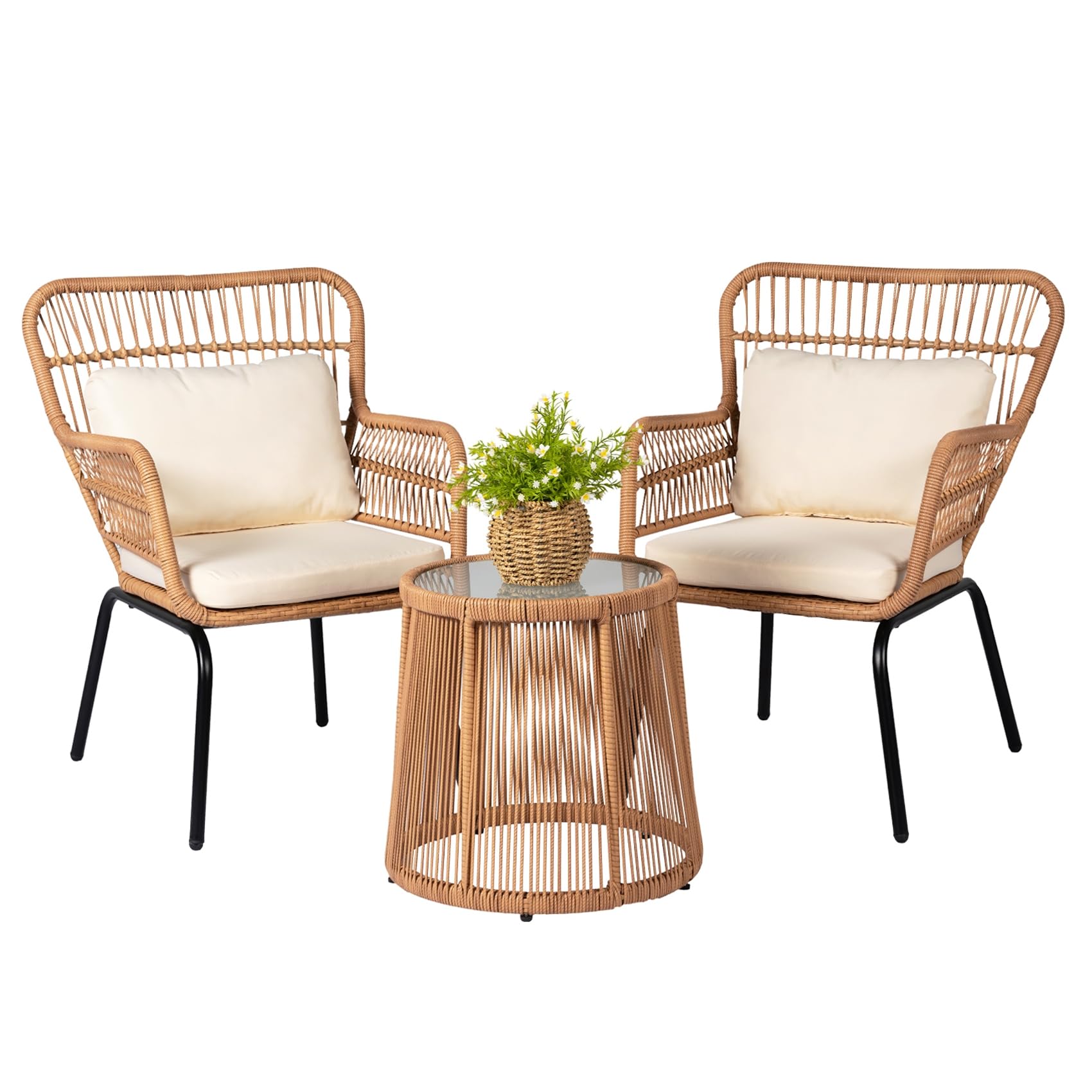 HOMEZILLIONS 3 Piece Outdoor Wicker Furniture Bistro Set, Rattan Chairs Conversation Sets Porch Furniture, Wicker Patio Furniture for Balcony Poolside Backyard