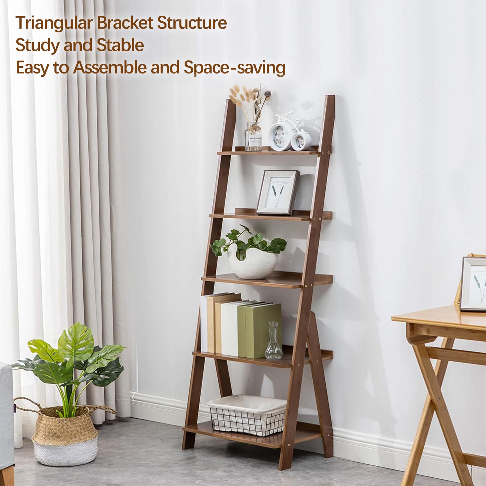 DOUSY-5-Tier Ladder Shelf Bookcase, Bamboo Ladder Bookshelf Leaning Bookshelf, Freestanding Storage Shelf Boho Bookshelf for Living Room, Home Office, Bedroom, Balcony, Walnut